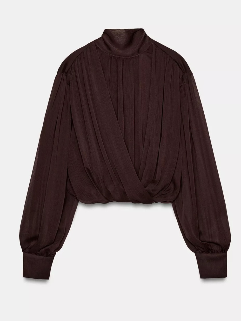Zara NWT draped  High-Neck Long-Sleeve mesh Blouse top Brown